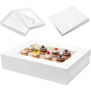 Mefleet 6pcs 19x14x4 Half Sheet Cake Boxes with 6pcs Cake Boards Rectangle 1/2 Sheet Bakery Boxes with Window for Pastry Baking Cake, Cupcakes, Donuts, Cookies, Pie Treat Packaging White Large