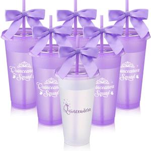 Jingmore 6 Pcs Quinceanera Party Favors for Guests 15th Quinceaera Squad Reusable Tumbler with Straw Lid Twist Bow 24 oz Spanish Gift 15 Birthday Party Thank You Gifts (Purple)