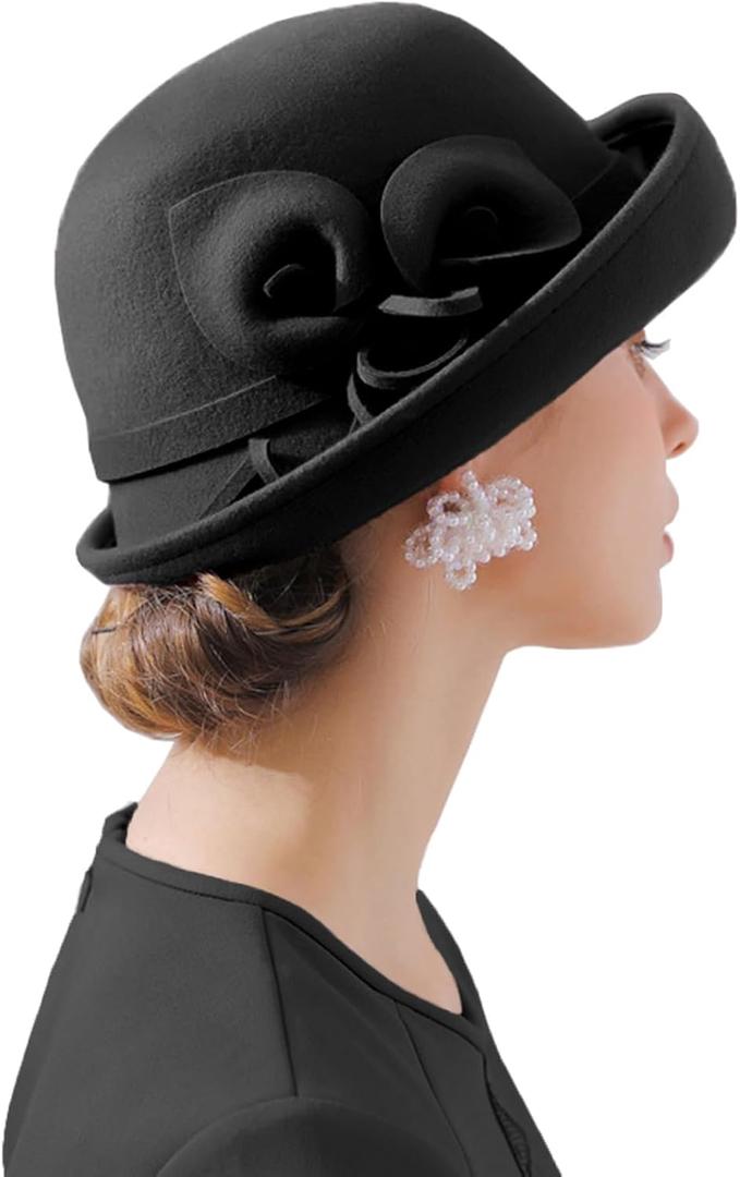 ORIDOOR Women Vintage Wool Felt Flowers Bucket Cloche Bowler Hat Church Wedding Dress Fascinator Hat Winter Felt Fedoras (One Size, 012-black)