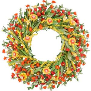 26" Floral Wreath, Artificial Spring Wreaths for Front Door, with Wildflower Portulaca Flowers, Indoor Outdoor Porch Window Wall Home Decor for Valentines Day Easter, Summer & Wedding Orange