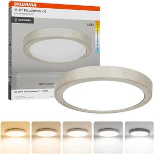 Sylvania 12" LED Flush Mount Ceiling Light Fixture, 24W, 5 Color Select (2700K - 5000K), 1600 LMS, Hardwired, Brushed Nickel, LED Lights for Bedroom Kitchen Hallway Porch - 1 Pack (66463)