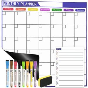 Monthly Magnetic Calendar for Refrigerator - 17"x17" Dry Erase Board, Large Writing Space, 8 Markers & Eraser - Family Schedule Planner, Stain-Resistant with Strong Magnets (Sunday Start) (Purple)
