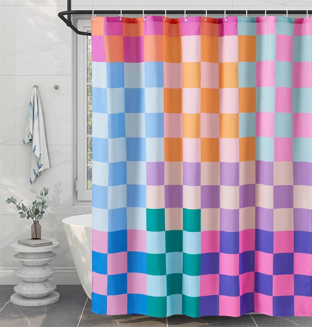 RoomTalks Multicolored Checkered Retro Fabric Shower Curtain for Bathroom Extra Long 84 Inches Length, Bright Rainbow Colorful Modern Simple Groovy Aesthetic Shower Curtain Set with Hooks