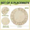 4 Pcs 15 Inch Linen Scalloped Round Placemats, Thin Plaid Place Mats with Ruffle, Washable Placemats Table Mats for Kitchen Dining Holiday Gatherings Decor(Light Brown, Gingham)