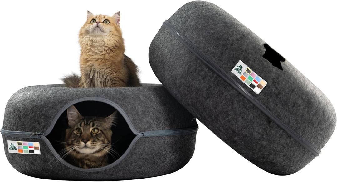 Cattasaurus Peekaboo Cat Cave Donut for Multiple & Large Cats up to 30-45 lbs, 3-in-1 Self Warming Cat Bed, Tunnel & Scratcher for Indoor Cats, Washable & Detachable (Dark Gray + Dark Gray, Large)