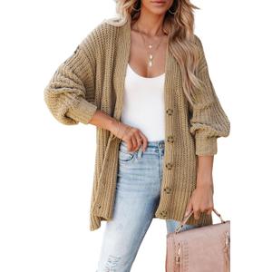 SHEWIN Womens Oversized Long Cardigan Sweaters Open Front Button Long Lantern Sleeve Knit Chunky Sweater Outerwear Coats (Small)