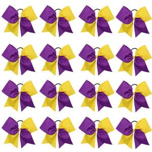 16PCS 8" Large Cheer Hair Bows Ponytail Holder Elastic Band Handmade for Cheerleading Teen Girls College Sports (Purple/Gold, 1 Count (Pack of 16))