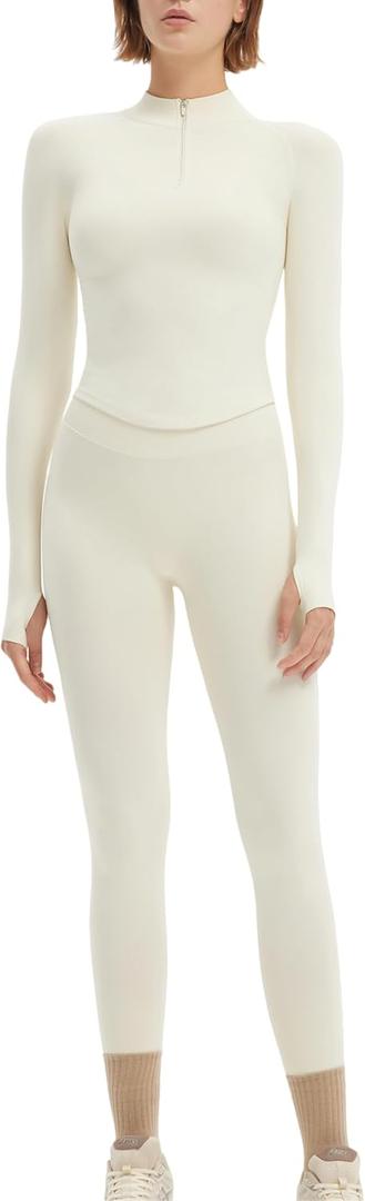 SUUKSESS Workout Sets for Women 2 Piece Seamless Long Sleeve Yoga Outfits Active Leggings Half Zippy Jacket Gym Set (Medium, Apricot)