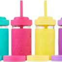 Elk and Friends Kids + Toddler Glass Cups | The Original 12oz Glass Mason Jar with Sleeves + Lids | Silicone Straws + Stopper | Smoothie Cup | Food Storage | Spill Resistant | Dishwasher Safe | 4 Pack (Purple/Pink/Teal/Yellow)