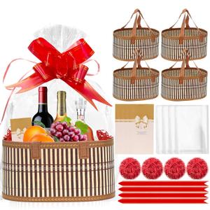 4 Set Large Bamboo Gift Baskets Empty, Foldable Woven Storage Basket with Handle, Gift Basket Kit with Wrap, Bows & Cards, Empty Gift Baskets to Fill for Baby Shower, Wedding, Holiday Gifts (Oval)