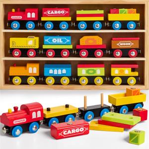 Montessori Wooden Train Toy Set for Kids, 12PCS Magnetic Train Cars with Storage Gift Box, STEM Educational Toy for Boys & Girls, Ages 2-8 Years, Christmas Birthday Party Gift