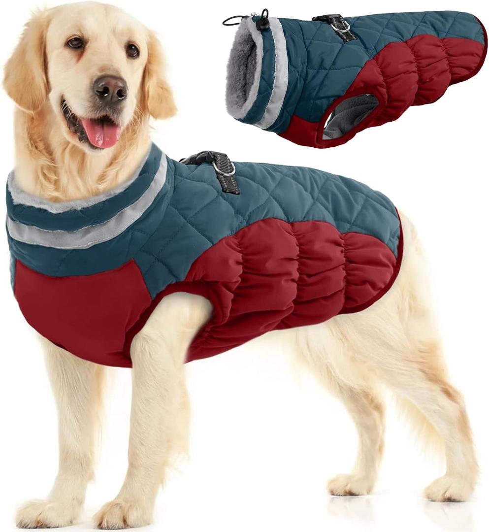 FUAMEY Dog Coat for Large Dogs,Waterproof Dog Winter Jacket with Harness Built in Puppy Cold Weather Coats Reflective Pet Vest with Zipper Warm Fleece Dogs Snowsuit Windproof Dark Blue L (L(chest:24in))