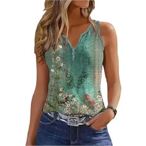 V Neck Tank Tops for Women Summer Casual Button Down Sleeveless T Shirts Casual Loose Tops Clothes Outfits (X-Large, Floral Green-1)