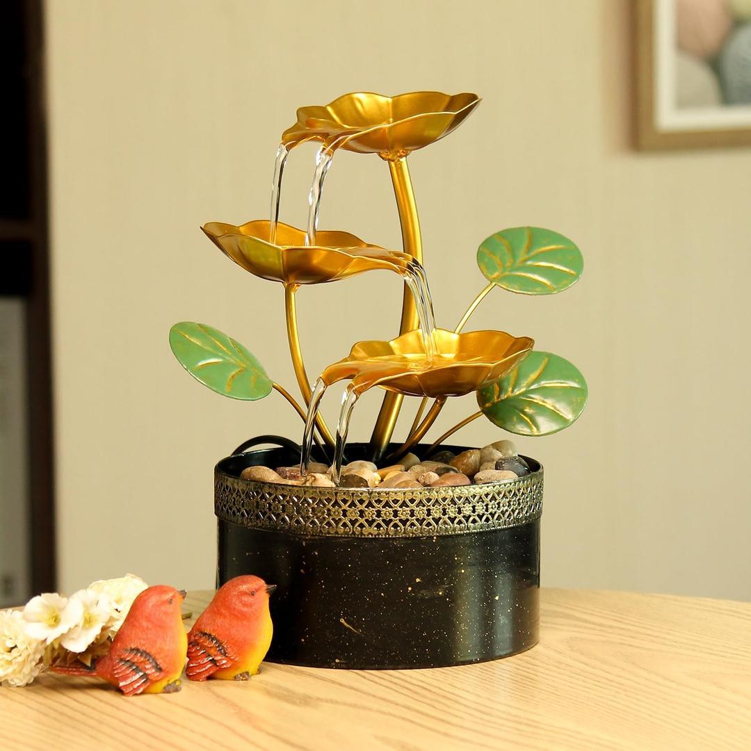 TiCin Tabletop Water Fountain with Gold Lotus Flowers, 9.8 x 6 x 6 inches, USB Powered, Indoor Relaxation Decor with Rocks
