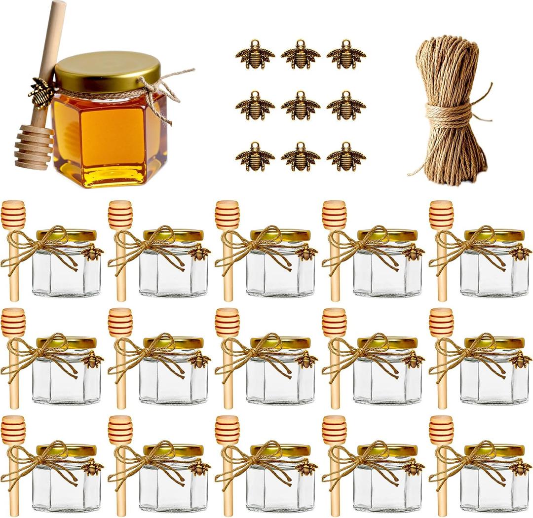 Adabocute Honey Pot 2oz, Mini Glass Honey Jars with Wood Dipper, Gold Lid, Bee Pendants, Beige Gift Bags, Thank-you Tags, Ideal for Baby Showers Favors Wedding Favors, 15 Pack