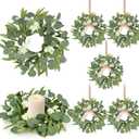 6 Pcs Green Artificial Eucalyptus Swag Wreaths Spring Summer Candle Rings Wreath with White Berries Mini Green Kitchen Cabinet Wreaths with Ribbon for Front Door Porch Wall Window Farmhouse Decoration