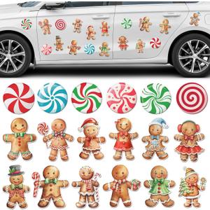 Christmas Reflective Car Magnet Decoration Set, Xmas Gingerbread Candy Car Refrigerator Garage Magnet Decals Holiday Magnetic Decoration Stickers for Mailbox Fridge Cruise Ship Door Decor