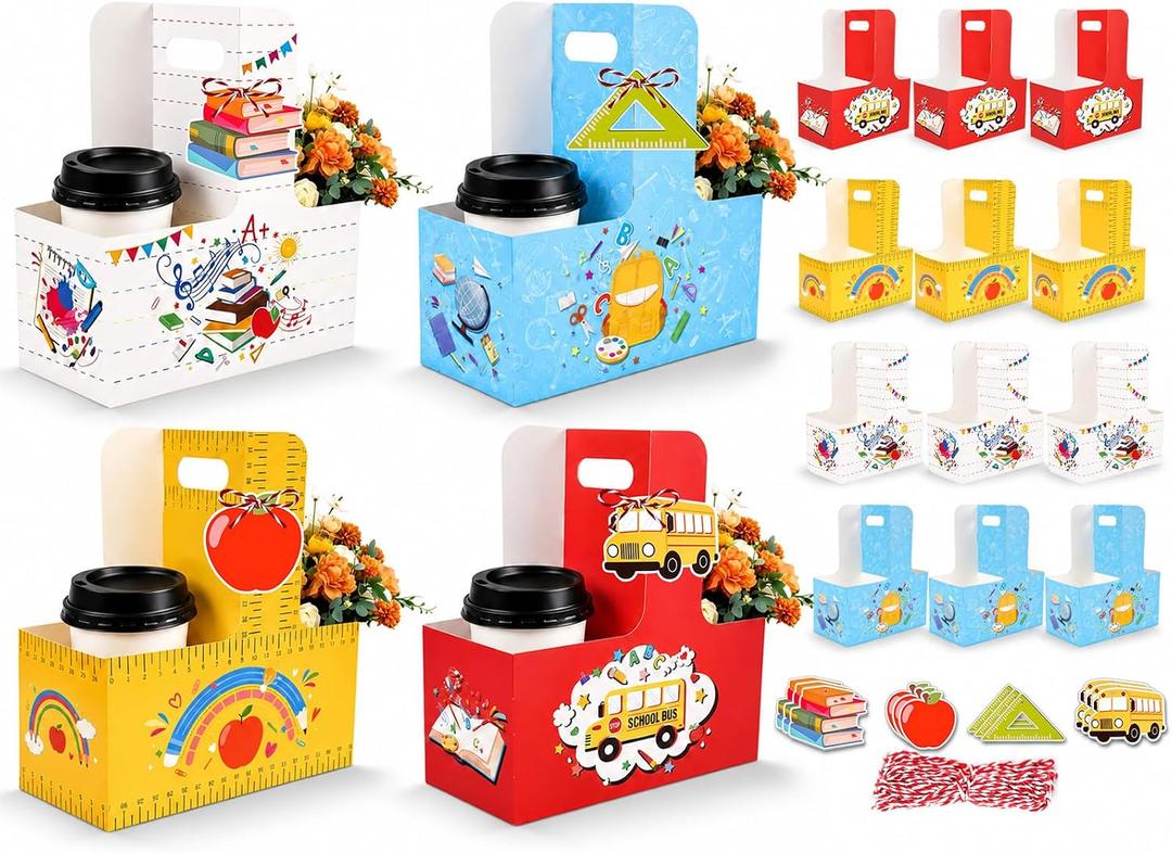 Konsait 12 Pack Back to School Cup Carrier with Gift Tags & Ribbons, Disposable Cardboard 2 Cup Holders for Coffee, Treats, Flowers, Gifts and More