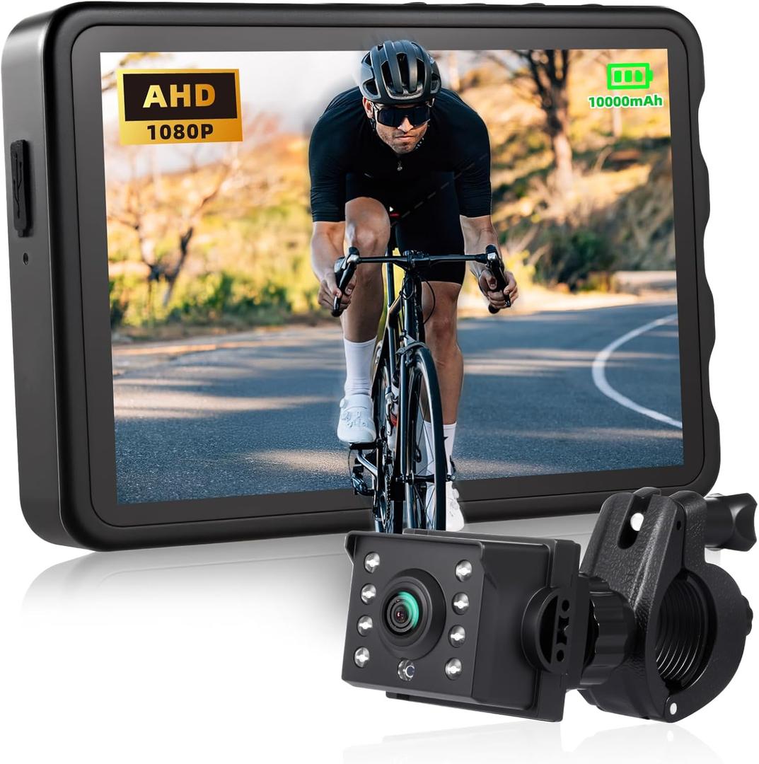 Bike Camera with 10000mAh Rechargeable Battery 360 Rotation 5'' HD 1080P Display - Color & B&W Night Vision 130 Precise Wide-Angle View Bike Rear View Camera for Bicycle, Mountain, Road Bike