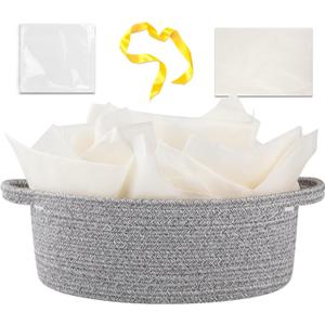 OIAHOMY Gift Basket with Handle, Small Woven Basket with Gift Bag, Ribbon and Wrap Tissue Paper, Nursery Bins Empty to Fill with Small Items, Baby, Pet Toy Organizer - Grey (12"x 8"x 5")