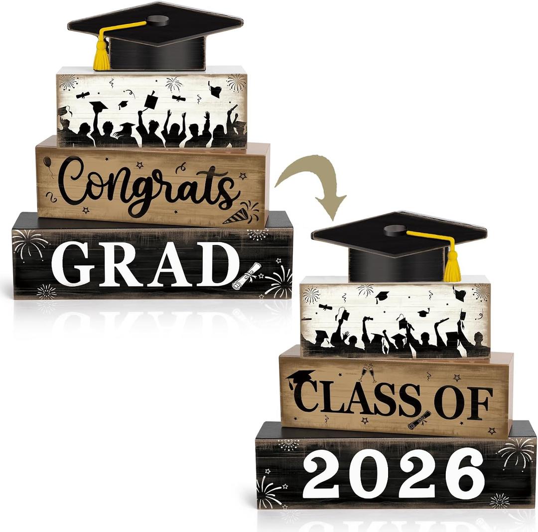 2026 Graduation Table Decorations Class of 2026 Senior Congrats Grad Tiered Tray Decor Wood Cap Block Signs Indoor College High School Party Tabletop Centerpiece for Tables Sign Home Shelf Office Desk