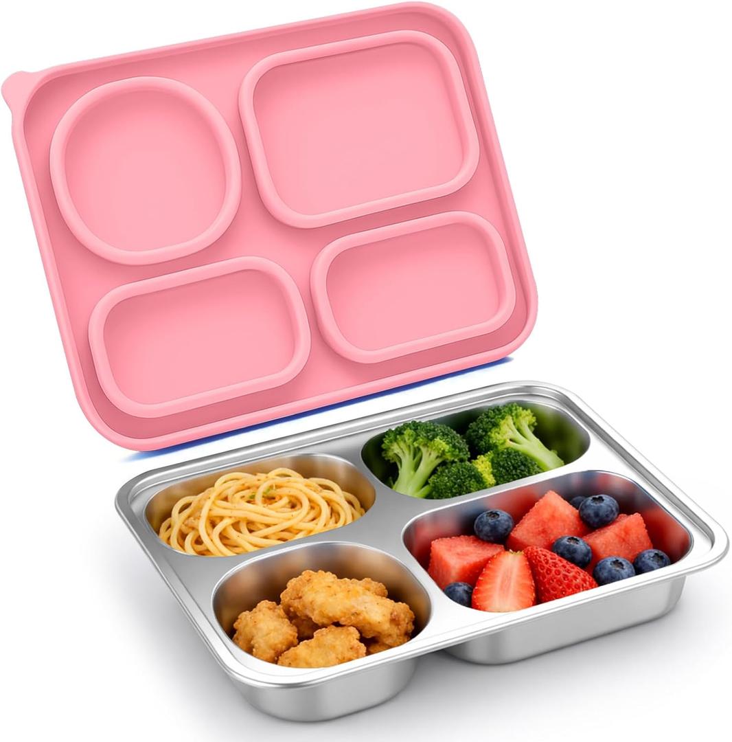 Palksky Stainless Steel Lunch Box for Kids, Metal Bento Box Container Leak-Proof, 4-Compartments To Go Food Containers with Lids(Pink)