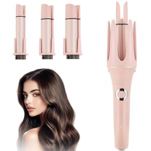 JAMIEWIN 3 in 1 Automatic Curling Iron, Hair Curlers with 3 Curling Barrels (1.1" - 1.26" - 1.57"), Rotating Curling Iron with 3 Temp, 2-Way Rotation, 10S Fast Heating, Anti-Scald, Dual Voltage, Pink