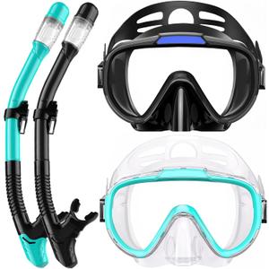 Seovediary Snorkel Set Adults Snorkeling Gear Anti-Fog Panoramic View Swim Mask Dry Top Snorkel Kit with Carry Bag for Snorkeling Scuba Diving Swimming Travel (Z-Black/ Green Transparent)