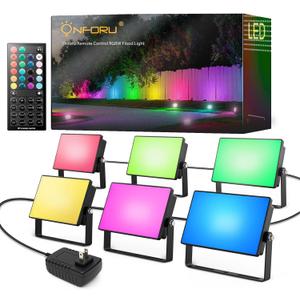 Onforu RGBW Flood Lights Outdoor Remote Control, Color Changing LED Landscape Lights, IP65 Waterproof Uplights for Events, Uplighting for Halloween Christmas Garden Yard Party, Wired 6 Pack 60W