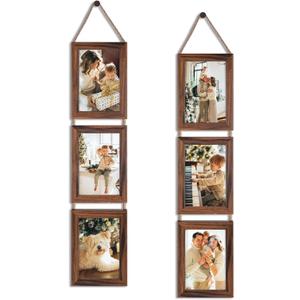 QUTREY 4x6 Picture Frames Collage, 6 Openings Wall Hanging Photo Frame Set of 2 Display 4 by 6 inch Vertical Pictures Frame, Rustic Walnut Brown