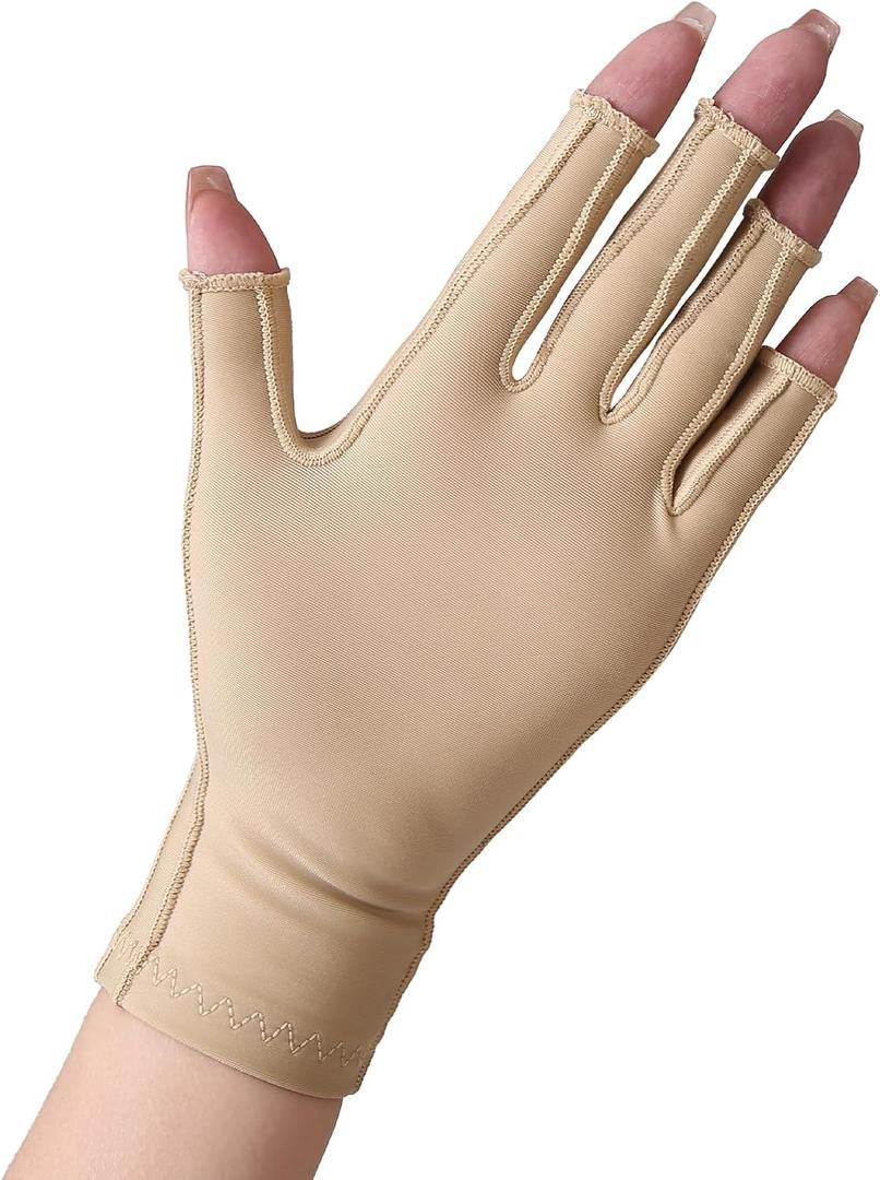 Compression Arthritis Gloves Support for Women & Men, Relieve Pain & Swelling from Arthritis, Carpal Tunnel, Tendinitis, Tendonitis, Single Glove for Left & Right Hand, Open Finger Beige Large (Beige(single Fits Both Hands))