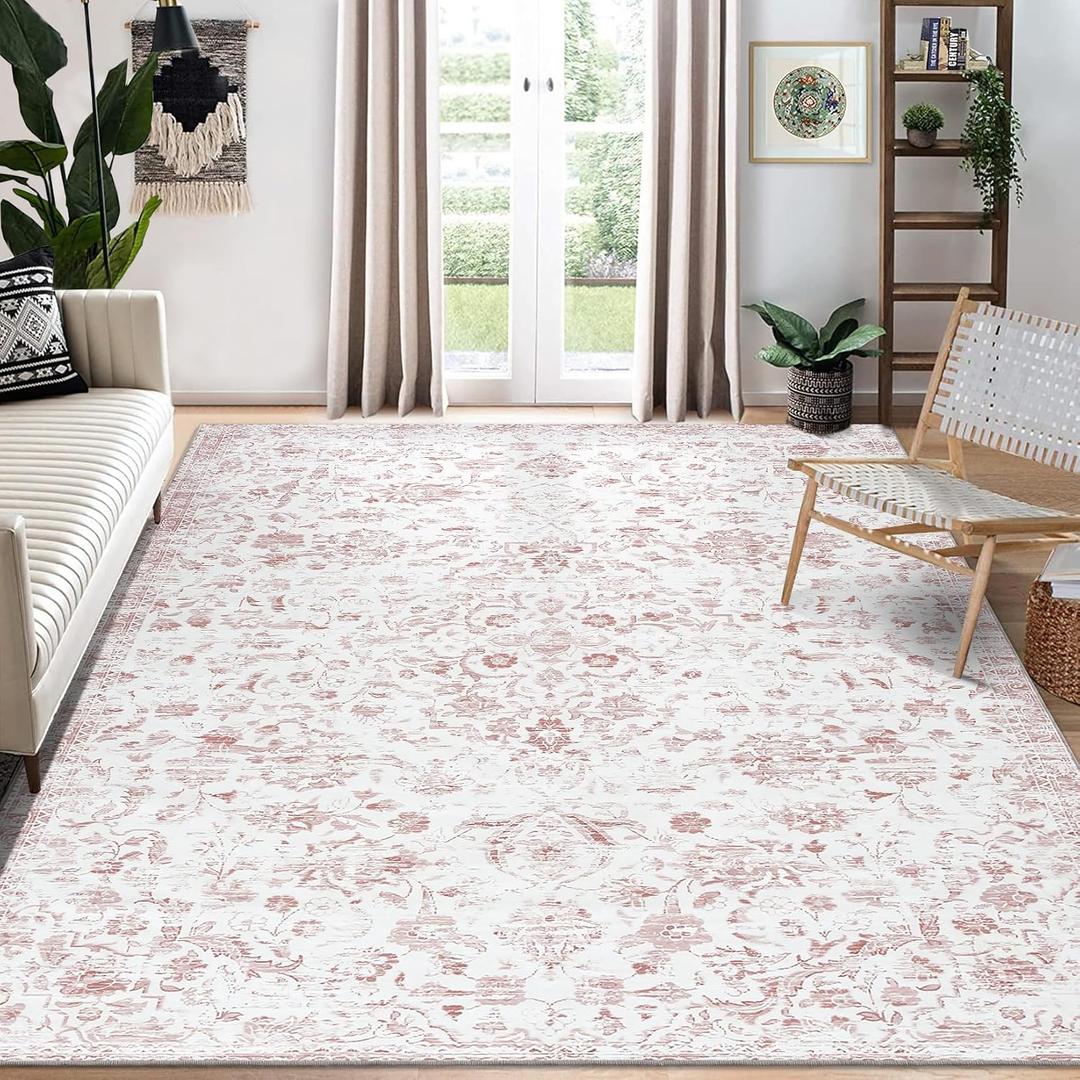 CAROMIO 9x12 Area Rug Large Machine Washable Vintage Area Rug Retro Distressed Floral Medallion Country Accent Rug Stain Resistant Non-Slip Floor Cover Carpet Rug for Living Room Home Decor, Pink
