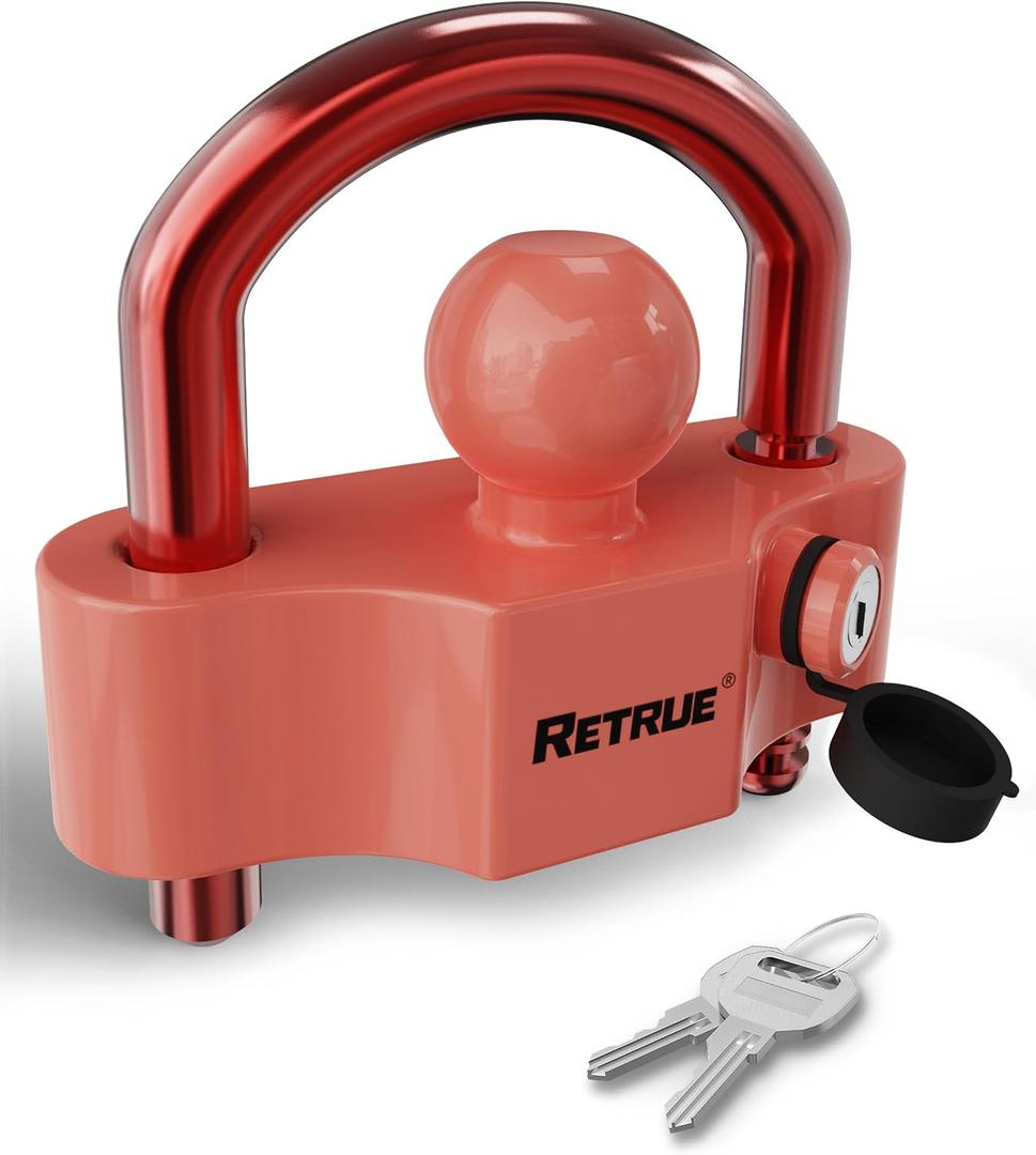 RETRUE Universal Coupler Lock Trailer Locks Ball Hitch Trailer Hitch Lock Adjustable Security Heavy-Duty Steel Fits 1-7/8 Inch, 2 Inch, 2-5/16 Inch Couplers Red & Red