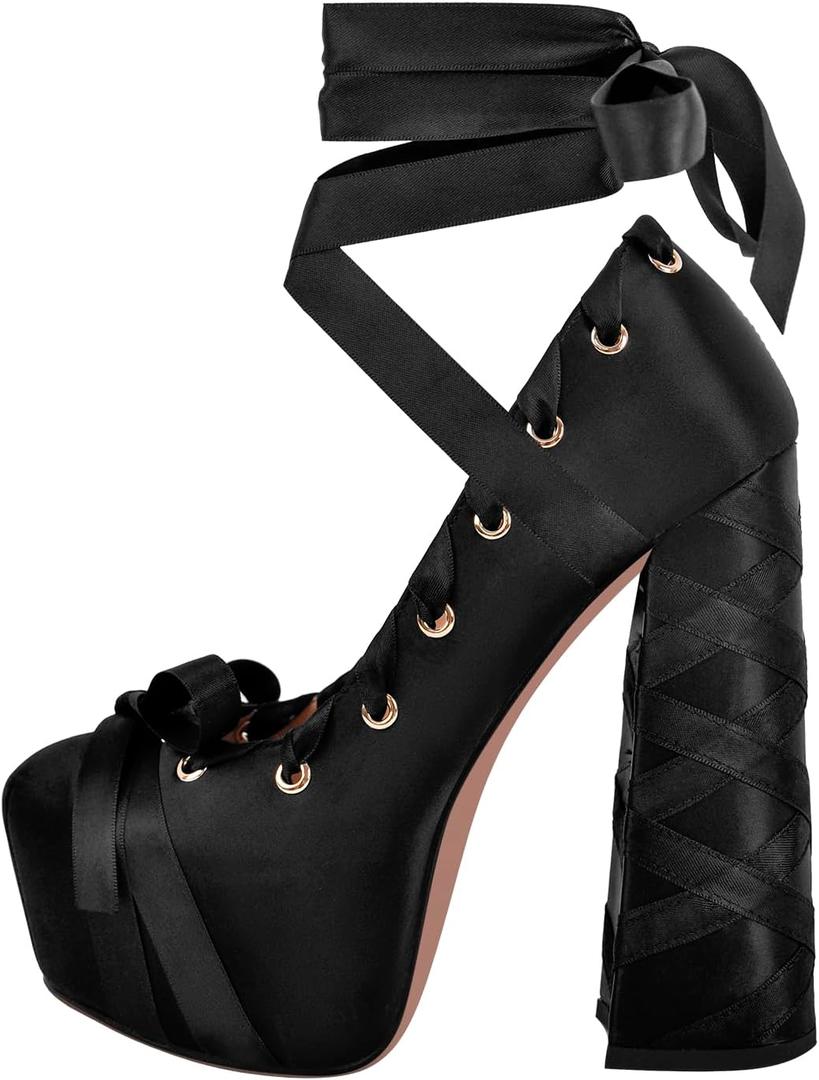 Platform Heels Chunky Bow Ribbon Pumps (8)