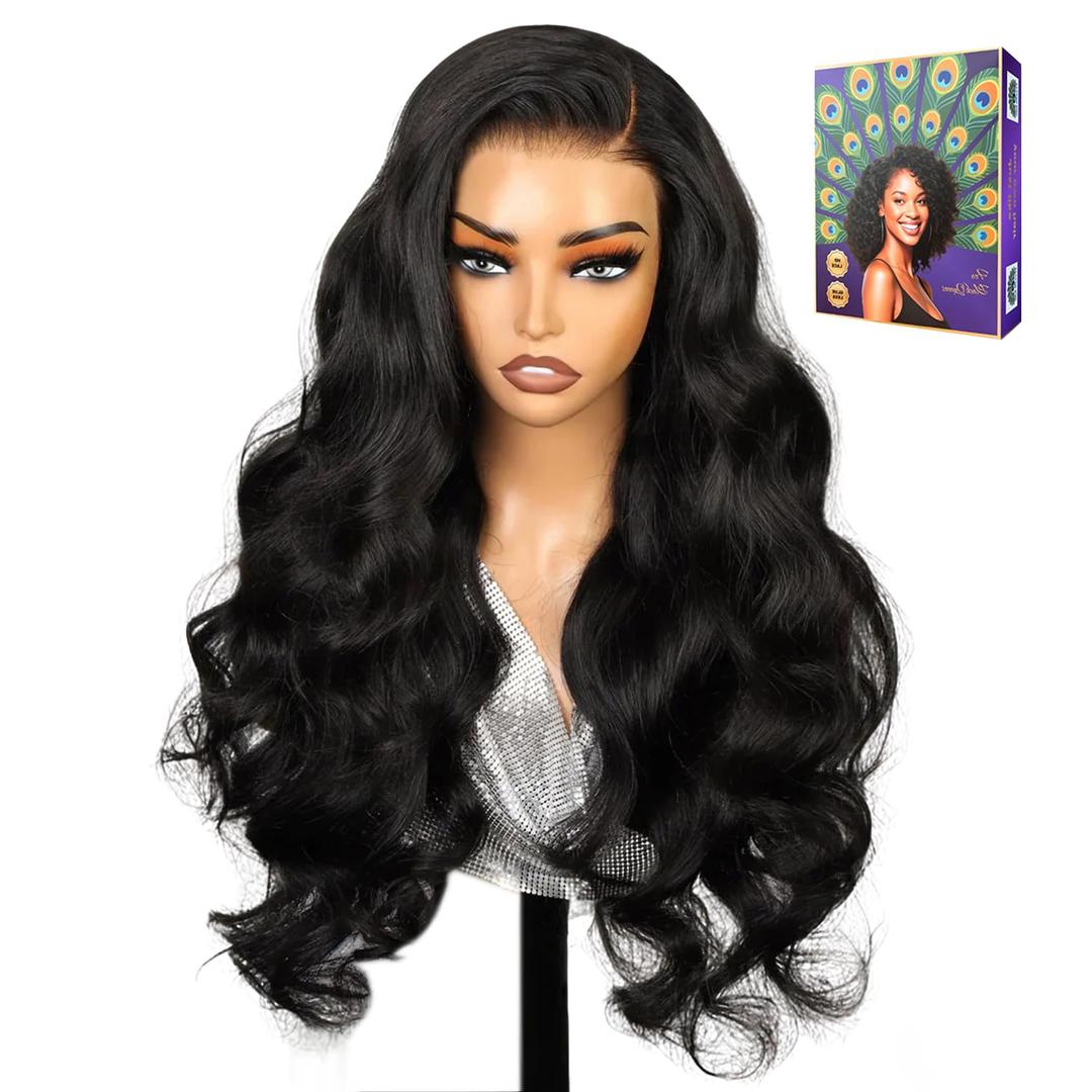 13x6 Lace Front Wigs,Glueless Synthetic HD Transparent Lace,200% Density Body Wave with Baby Hair,Pre-Plucked Frontal Wigs for Women 30 Inch,Natural Hairline (Black-Body Wave)