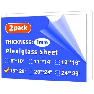 (2 Pack) 16" x 20" Plexiglass Sheets 1mm Thick, Clear Acrylic Sheets Panel Cut to Size Plexiglass Acrylic Board, Cut with Engraver, Power Saw or Hand Tools, No Laser Cut.