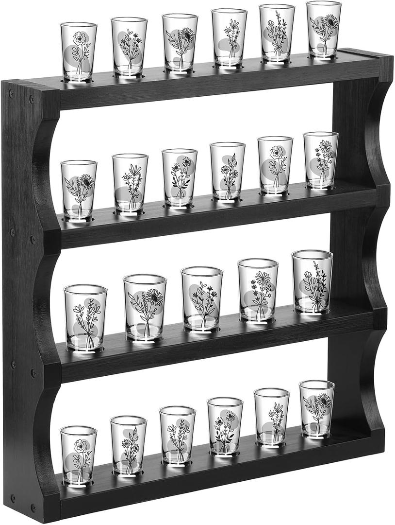 DoubleFill Wood Shot Glass Display Case Shot Glasses Holder Wall Floating Shelves Bar Collection Stand Collection Display Rack (Black)