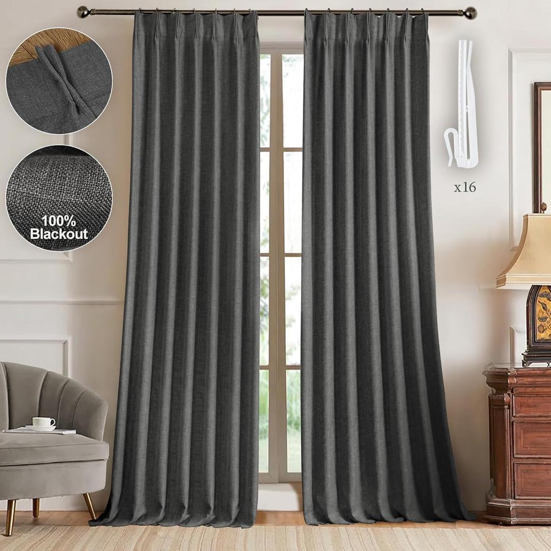 IVAPUPU Linen Pinch Pleated Full Blackout Curtains for Bedroom - 2 Pages Black Out Grey Curtains 108 Inch Long 2 Panel for Living Room Darkening Thermal Window Curtain Drapes with 16pc Hooks