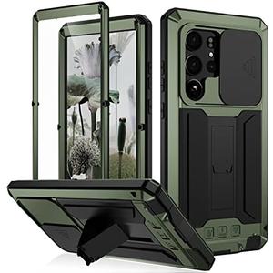 Simicoo Samsung S23 Plus Case with Screen Camera Protector Kickstand, Samsung S23 Plus Rugged Military Metal Heavy Duty Case with Stand Screen Protector Slide Camera Cover for Man Outdoor (Green)
