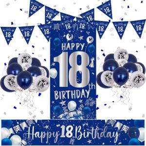 18th Birthday Decorations for Boys Girls - Blue and Silver Happy Banner, Backdrop Door Banner, Balloons, Confetti - Party Supplies