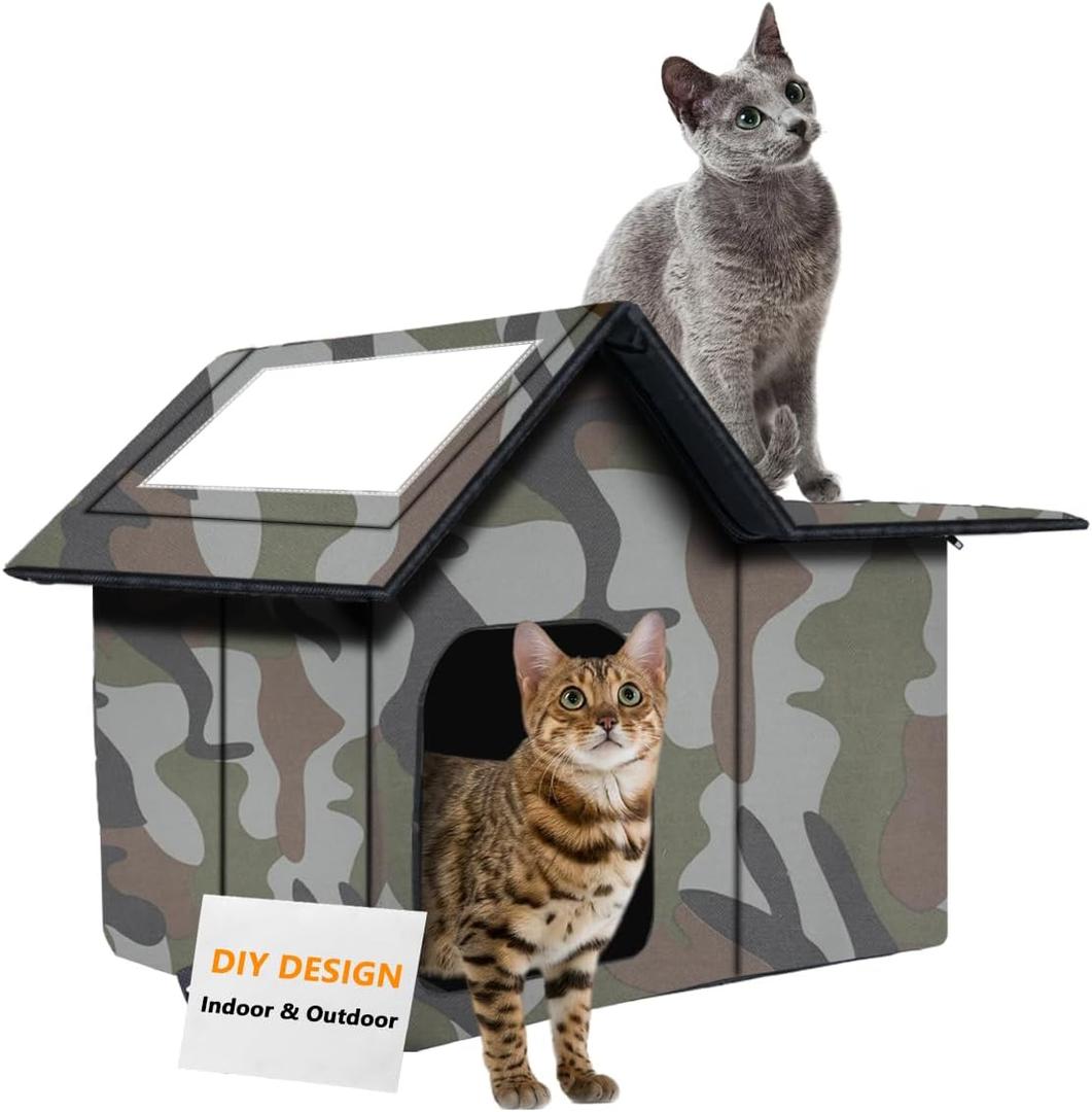 Outdoor Cat House Weatherproof, Large Feral Cat House for Winter, Collapsible Outdoor Cats Shelter with Door and Soft Mat, Easy to Assemble