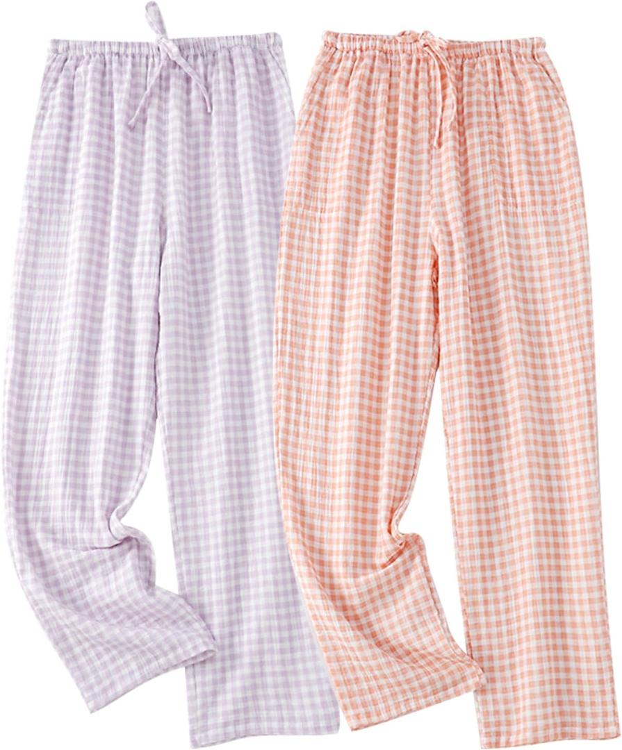 STMAHER 2 Pack Women's Cotton Pajama Bottoms Lightweight Sleep & Lounge Pants Plaid Sleepwear Long Pj Pants. M Size