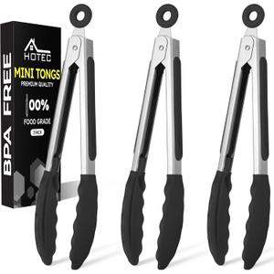 Hotec Mini Silicone Kitchen Tongs for Cooking - 7-Inch Small Serving Tongs with Silicone Tips, Set of 3 (Black)
