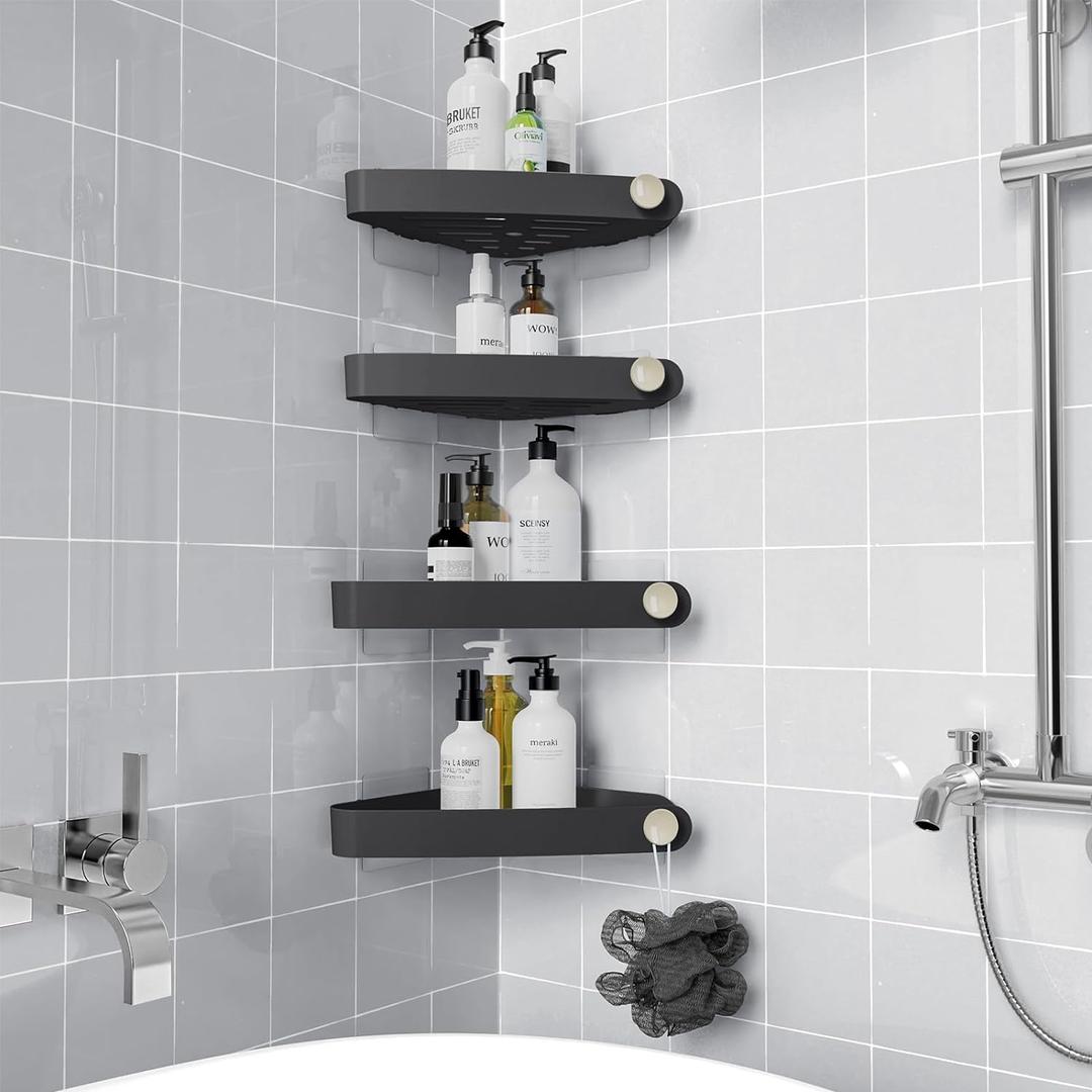 Sotfamily Shower Caddy Corner, 4 Pack Adhesive Corner Shower Shelves for Bathroom Organizers and Storage, Rust Free Plastic Rack for Bathroom Accessories & Decor, Black