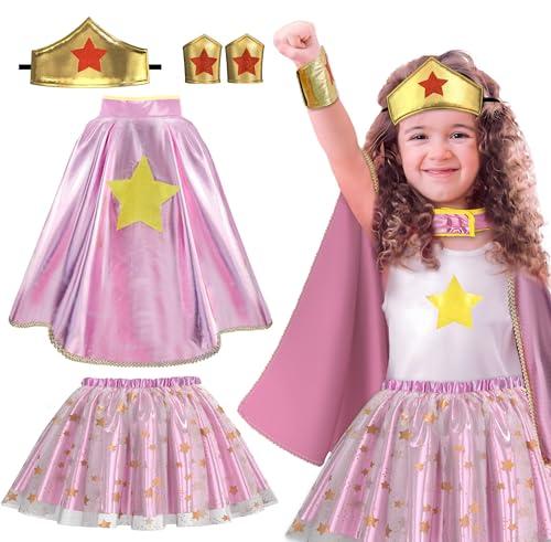 iROLEWIN Wonder Star Superhero-Costumes for Girls Dress-Up Super-Hero-Capes for Kids Tiara Tutu as Christmas Birthday Gifts