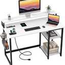 GreenForest 40 inch Home Office Desk with Power Outlets, Small Computer Desk with Ergonomic Monitor Stand, Reversible Gaming Desk, Modern Study Desk, Laptop Desk, White