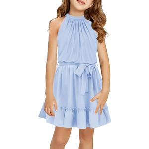 Newffr Girl's Halter Neck Sleeveless Summer Dress Tie Waist A-line Sundress Mini Swing Pleated Dress for Girls (9-10 Years)