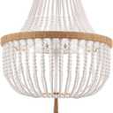 4 Lights Wood Beaded Farmhouse Chandelier with Tassels Bohemia Antique Rustic Pendant Light for Bedroom Kitchen Island Dining Living Room Foyer, White, Dia 17 Inch