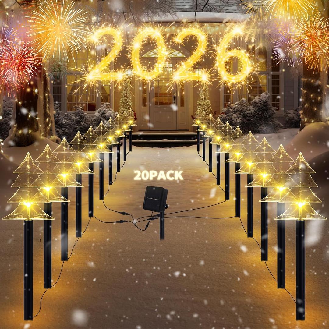 Outdoor Christmas Decorations, Solar Xmas Pathway Lights, Set of 20 Waterproof Landscape Christmas Lights, LED Lamp for Yard Lawn Patio Walkway Decor (Warm White-Tree)