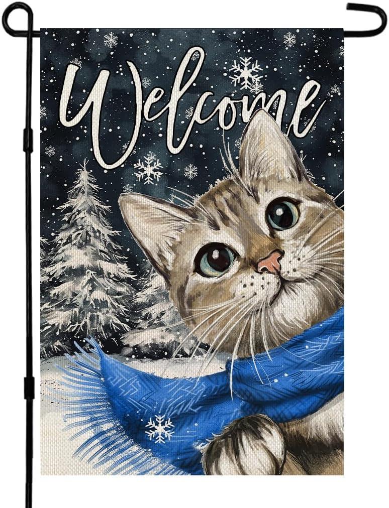 CROWNED BEAUTY Winter Cat Garden Flag 12x18 Inch Double Sided for Outside Small Welcome Burlap Holiday Yard Decoration CF1660-12 (Blue)